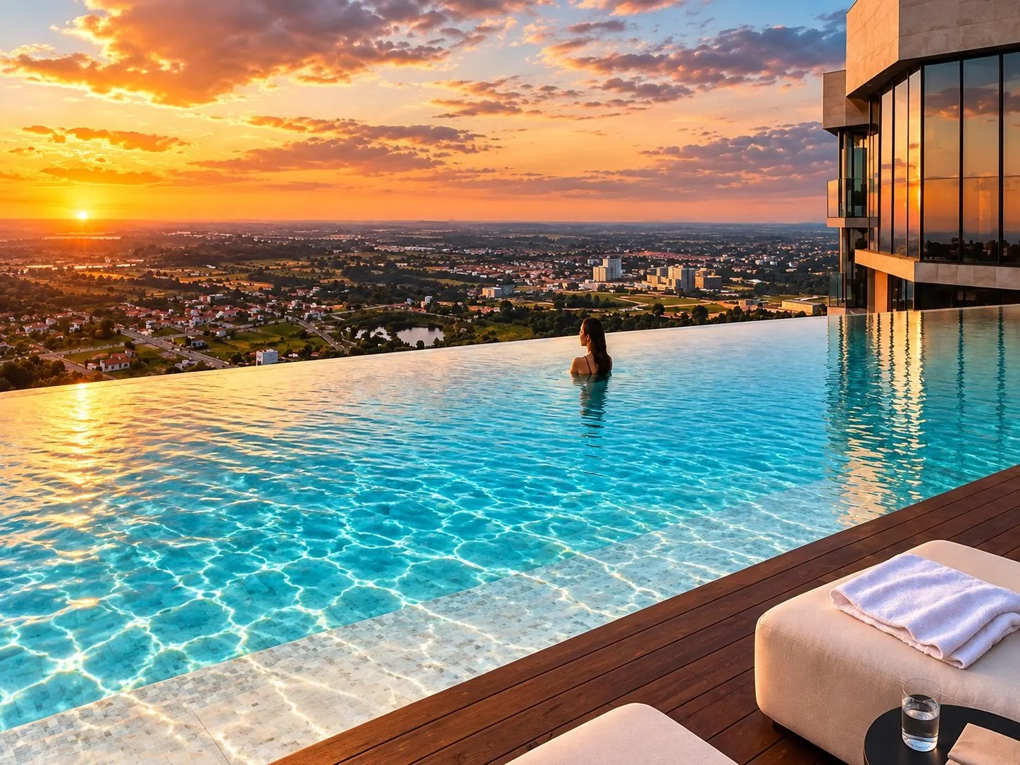 Piscina de borda infinita no rooftop do Zabaleta Milano ao pôr do sol, com vista aberta para Pelotas